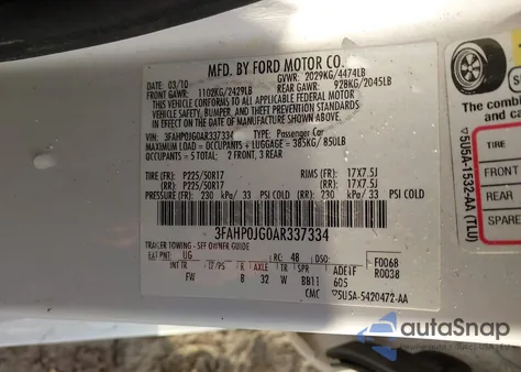 2010 Ford Fusion Sel from USA, damaged, VIN 3FAHP0JG0AR337334